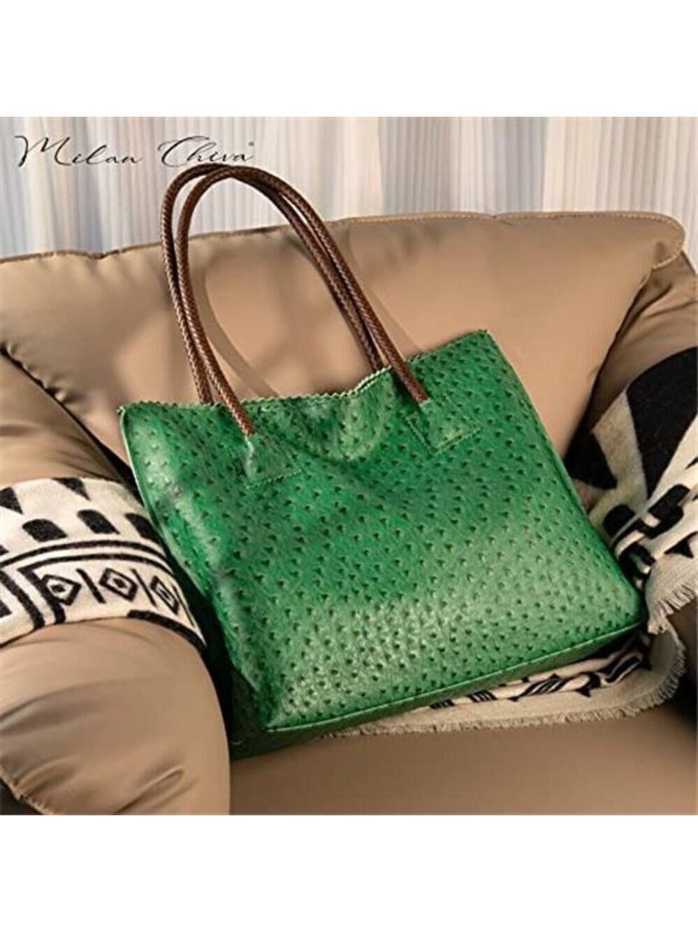 Green Ostrich Vegan Leather Tote Bag Women Large Zipper Shoulder Bag - Picture 2 of 8